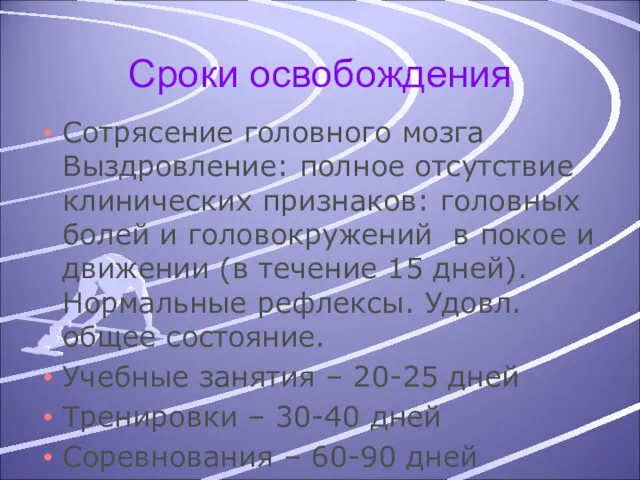 Сроки освобождения Сотрясение головного мозга Выздровление: полное отсутствие клинических признаков: