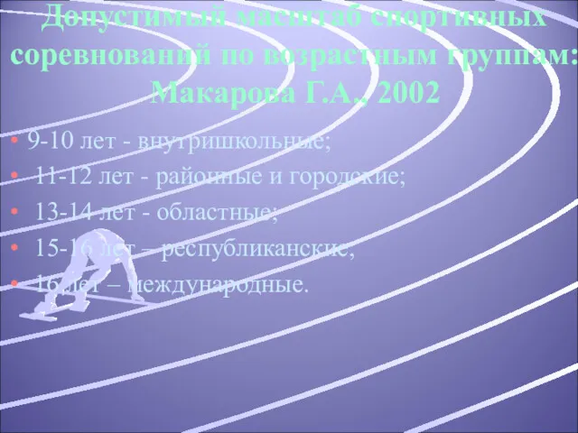 Допустимый масштаб спортивных соревнований по возрастным группам: Макарова Г.А., 2002