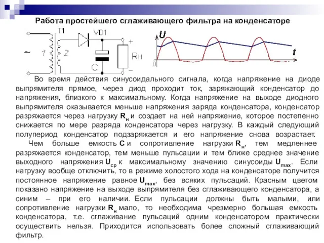 Во время действия синусоидального сигнала, когда напряжение на диоде выпрямителя