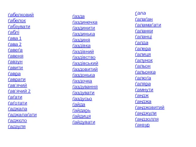 ґабелковий ґабелок ґабзувати ґаблі ґава 1 ґава 2 ґавеґа ґавеня