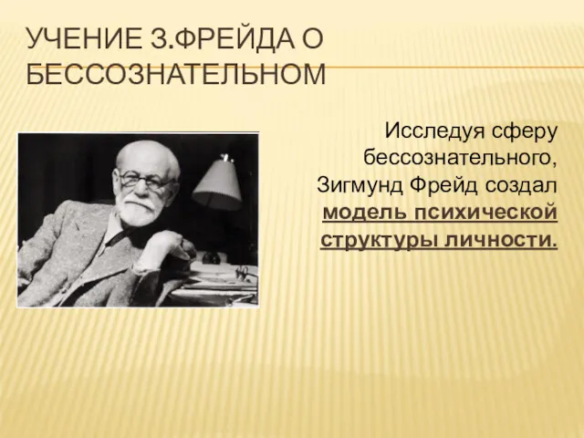 УЧЕНИЕ З.ФРЕЙДА О БЕССОЗНАТЕЛЬНОМ Исследуя сферу бессознательного, Зигмунд Фрейд создал модель психической структуры личности.