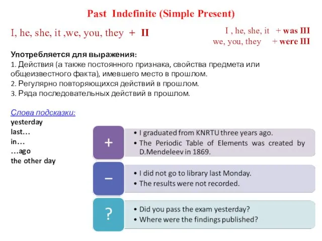 Past Indefinite (Simple Present) I, he, she, it ,we, you,