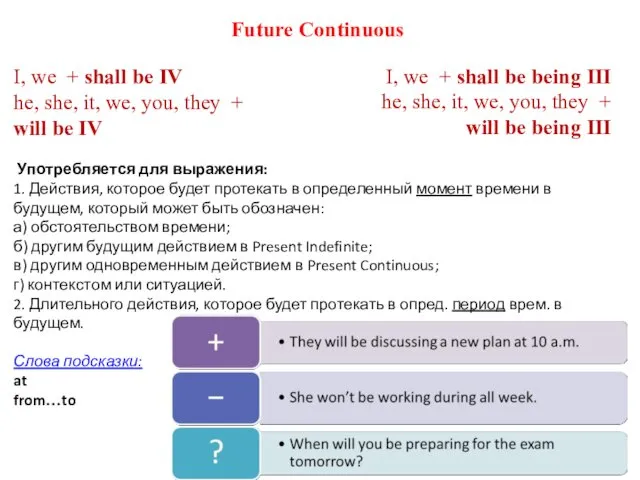 Future Continuous I, we + shall be IV he, she,