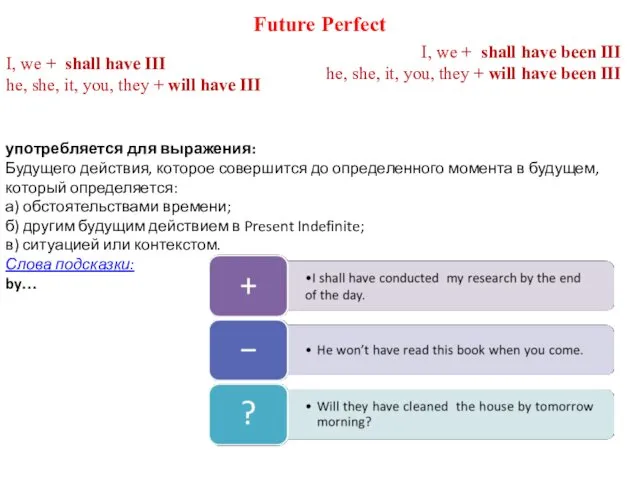 Future Perfect употребляется для выражения: Будущего действия, которое совершится до