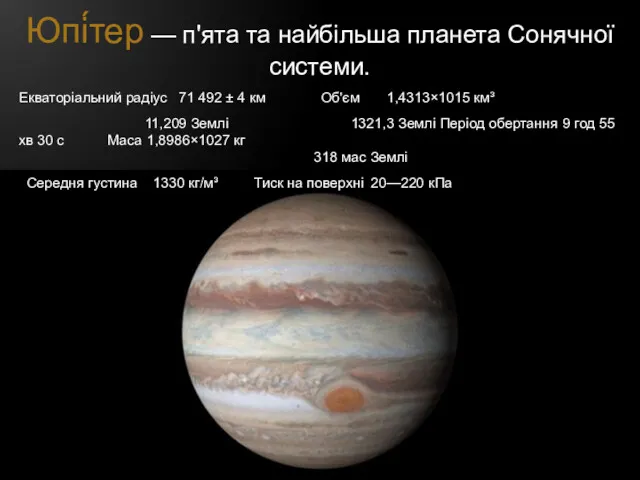 Юпі́тер — п'ята та найбільша планета Сонячної системи. Екваторіальний радіус