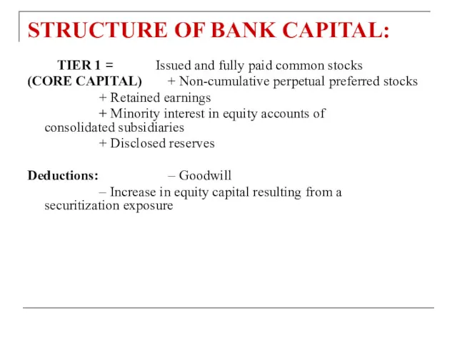 STRUCTURE OF BANK CAPITAL: TIER 1 = Issued and fully