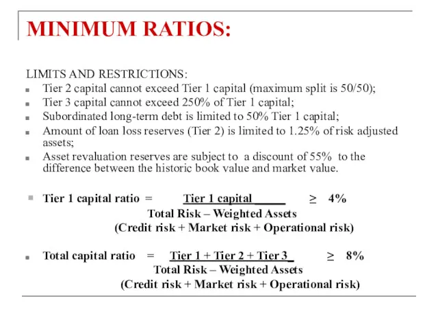 MINIMUM RATIOS: LIMITS AND RESTRICTIONS: Tier 2 capital cannot exceed