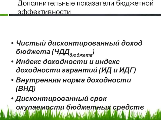 Дополнительные показатели бюджетной эффективности Чистый дисконтированный доход бюджета (ЧДДбюджета) Индекс