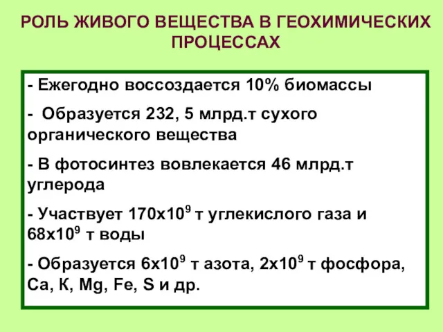 РОЛЬ ЖИВОГО ВЕЩЕСТВА В ГЕОХИМИЧЕСКИХ ПРОЦЕССАХ - Ежегодно воссоздается 10%