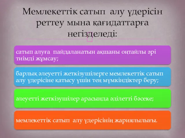 Мемлекеттік сатып алу үдерісін реттеу мына қағидаттарға негізделеді: