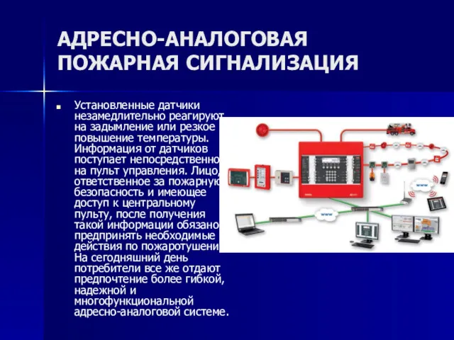 АДРЕСНО-АНАЛОГОВАЯ ПОЖАРНАЯ СИГНАЛИЗАЦИЯ Установленные датчики незамедлительно реагируют на задымление или