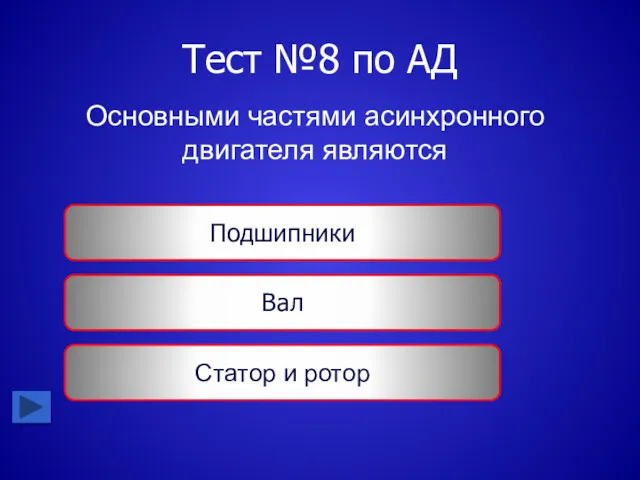 Тест №8 по АД Основными частями асинхронного двигателя являются Подшипники Вал Статор и ротор