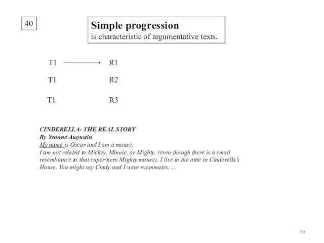 40 Simple progression is characteristic of argumentative texts. T1 R1