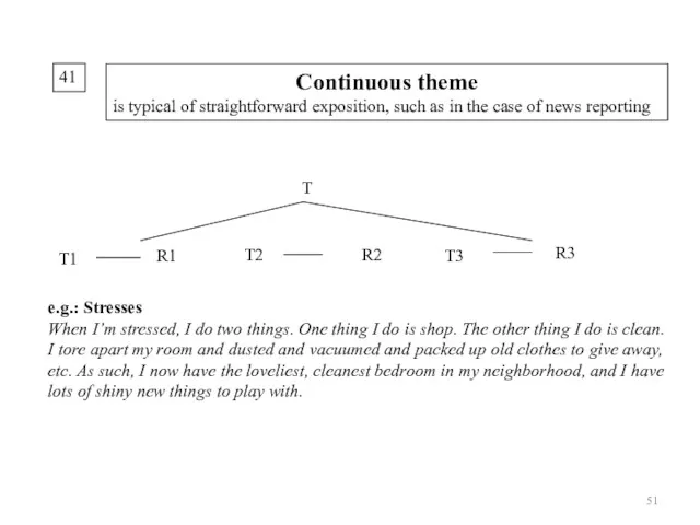 41 Continuous theme is typical of straightforward exposition, such as