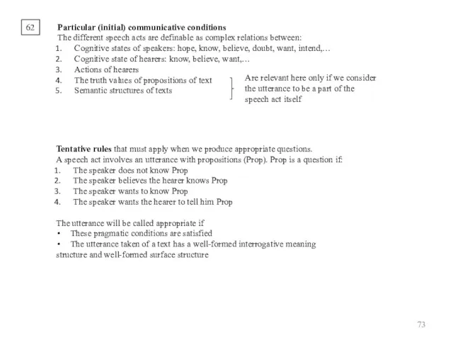 62 Particular (initial) communicative conditions The different speech acts are