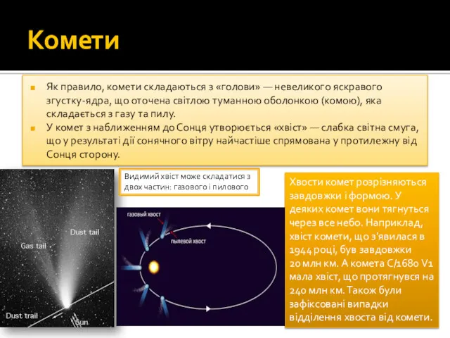 Комети Як правило, комети складаються з «голови» — невеликого яскравого