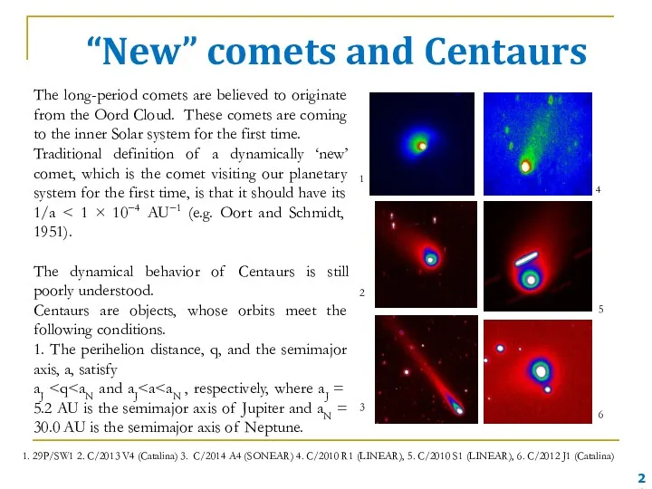 “New” comets and Centaurs The long-period comets are believed to