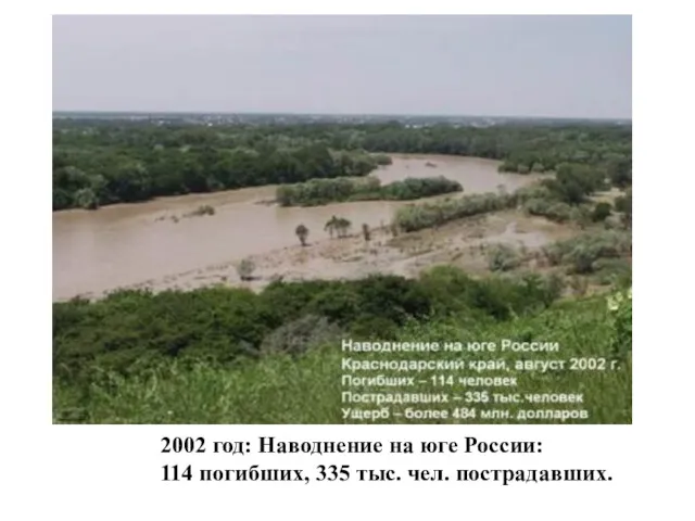 2002 год: Наводнение на юге России: 114 погибших, 335 тыс. чел. пострадавших.