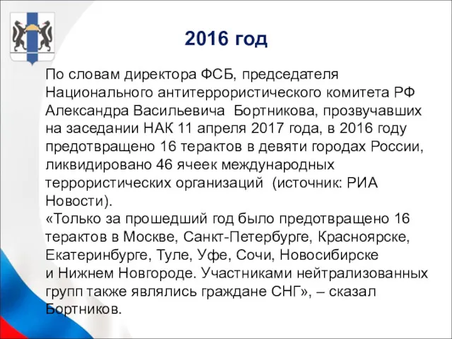 2016 год По словам директора ФСБ, председателя Национального антитеррористического комитета РФ Александра Васильевича
