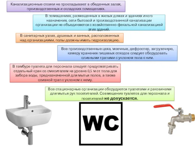 Канализационные стояки не прокладывают в обеденных залах, производственных и складских