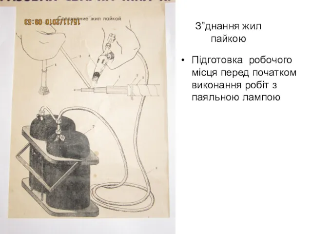 З”днання жил пайкою Підготовка робочого місця перед початком виконання робіт з паяльною лампою