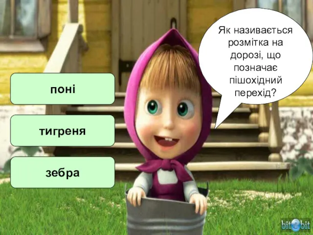 Як називається розмітка на дорозі, що позначає пішохідний перехід? поні тигреня зебра