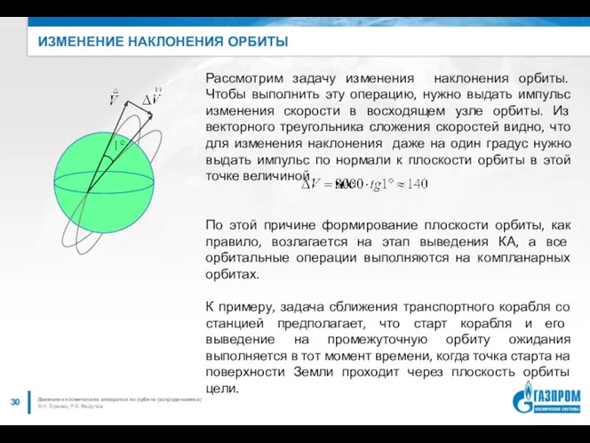 ИЗМЕНЕНИЕ НАКЛОНЕНИЯ ОРБИТЫ В.Н. Бранец, Р.В. Федулов Движение космических аппаратов