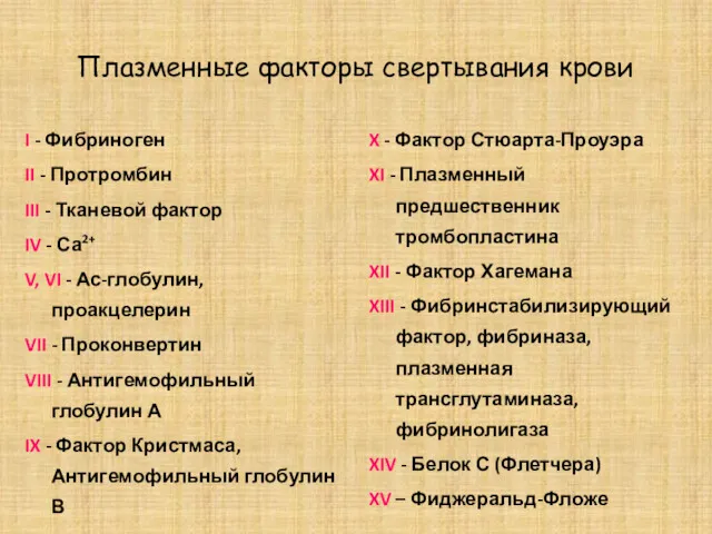 Плазменные факторы свертывания крови I - Фибриноген II - Протромбин