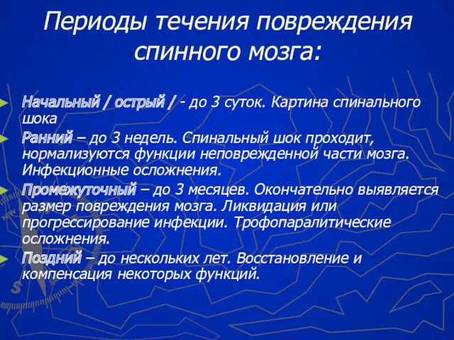 Периоды течения повреждения спинного мозга: Начальный / острый / -