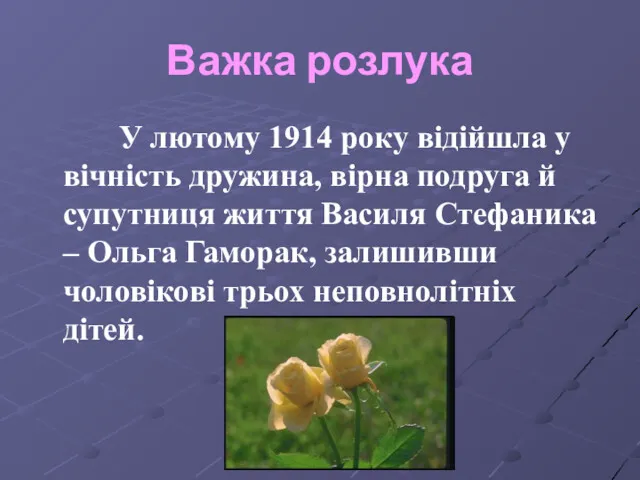 Важка розлука У лютому 1914 року відійшла у вічність дружина,