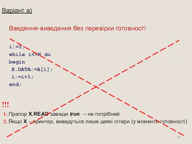Варіант а) Введення-виведення без перевірки готовності i:=1; while i begin X.DATA:=A[i]; i:=i+1; end;