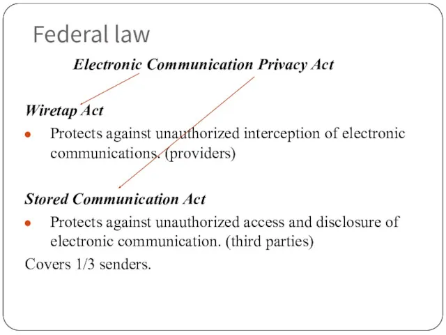 Federal law Electronic Communication Privacy Act Wiretap Act Protects against