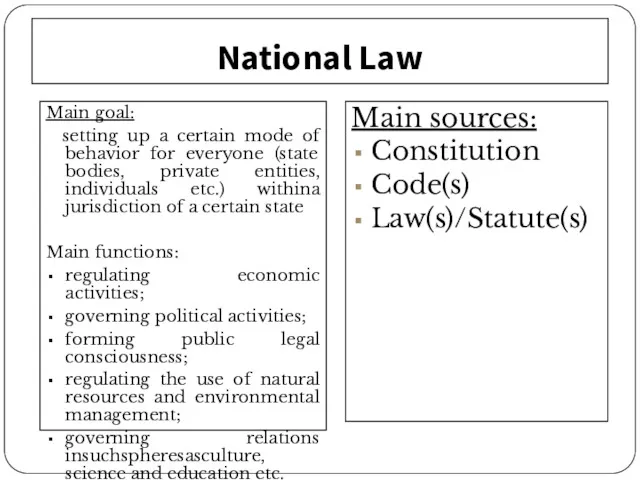 National Law Main goal: setting up a certain mode of behavior for everyone