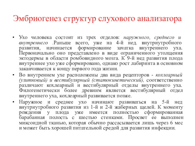 Эмбриогенез структур слухового анализатора Ухо человека состоит из трех отделов: