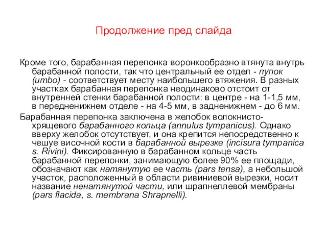 Продолжение пред слайда Кроме того, барабанная перепонка воронкообразно втянута внутрь