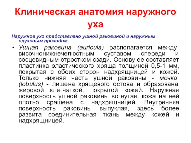 Клиническая анатомия наружного уха Наружное ухо представлено ушной раковиной и