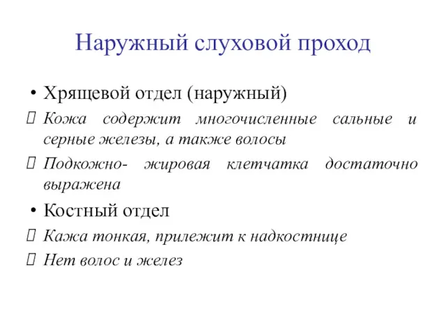 Наружный слуховой проход Хрящевой отдел (наружный) Кожа содержит многочисленные сальные