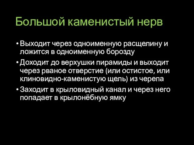 Большой каменистый нерв Выходит через одноименную расщелину и ложится в