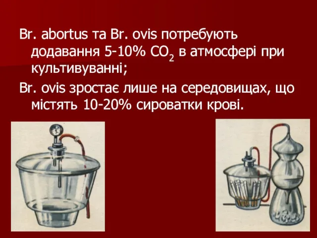 Br. аbortus та Br. оvis потребують додавання 5-10% СО2 в
