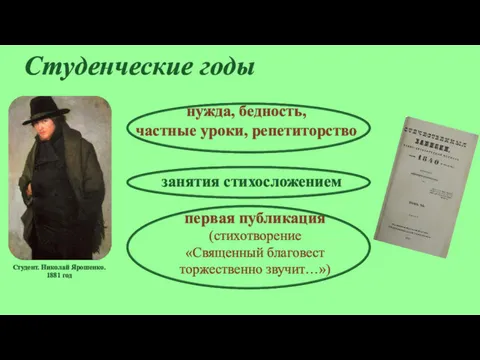 Студенческие годы Студент. Николай Ярошенко. 1881 год нужда, бедность, частные
