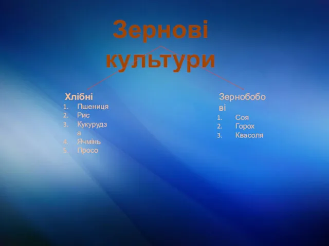 Зернові культури Хлібні Пшениця Рис Кукурудза Ячмінь Просо Зернобобові Соя Горох Квасоля