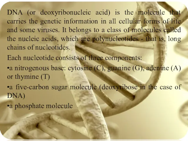 DNA (or deoxyribonucleic acid) is the molecule that carries the