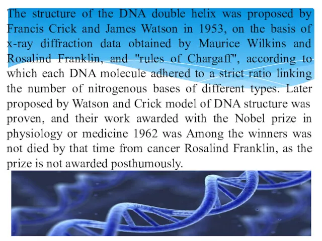 The structure of the DNA double helix was proposed by