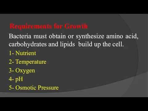 Requirements for Growth Bacteria must obtain or synthesize amino acid,