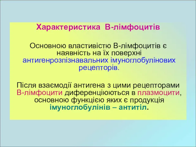 Характеристика В-лімфоцитів Основною властивістю В-лімфоцитів є наявність на їх поверхні