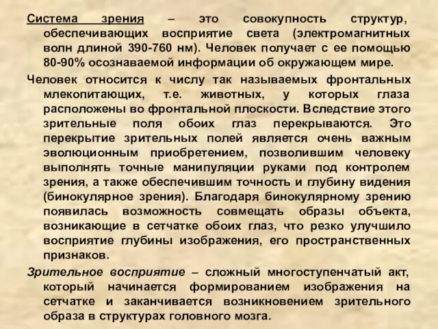 Система зрения – это совокупность структур, обеспечивающих восприятие света (электромагнитных