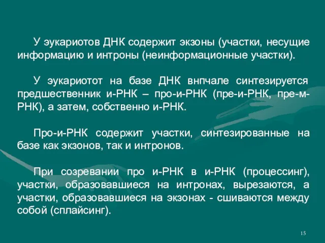 У эукариотов ДНК содержит экзоны (участки, несущие информацию и интроны