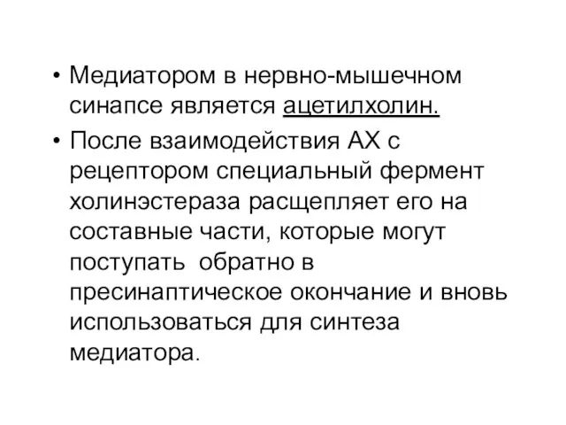 Медиатором в нервно-мышечном синапсе является ацетилхолин. После взаимодействия АХ с