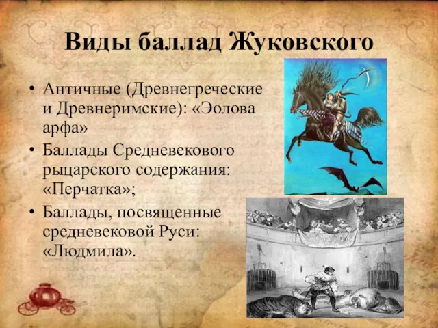 Виды баллад Жуковского Античные (Древнегреческие и Древнеримские): «Эолова арфа» Баллады Средневекового рыцарского содержания: