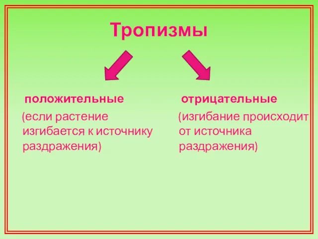 Тропизмы положительные (если растение изгибается к источнику раздражения) отрицательные (изгибание происходит от источника раздражения)